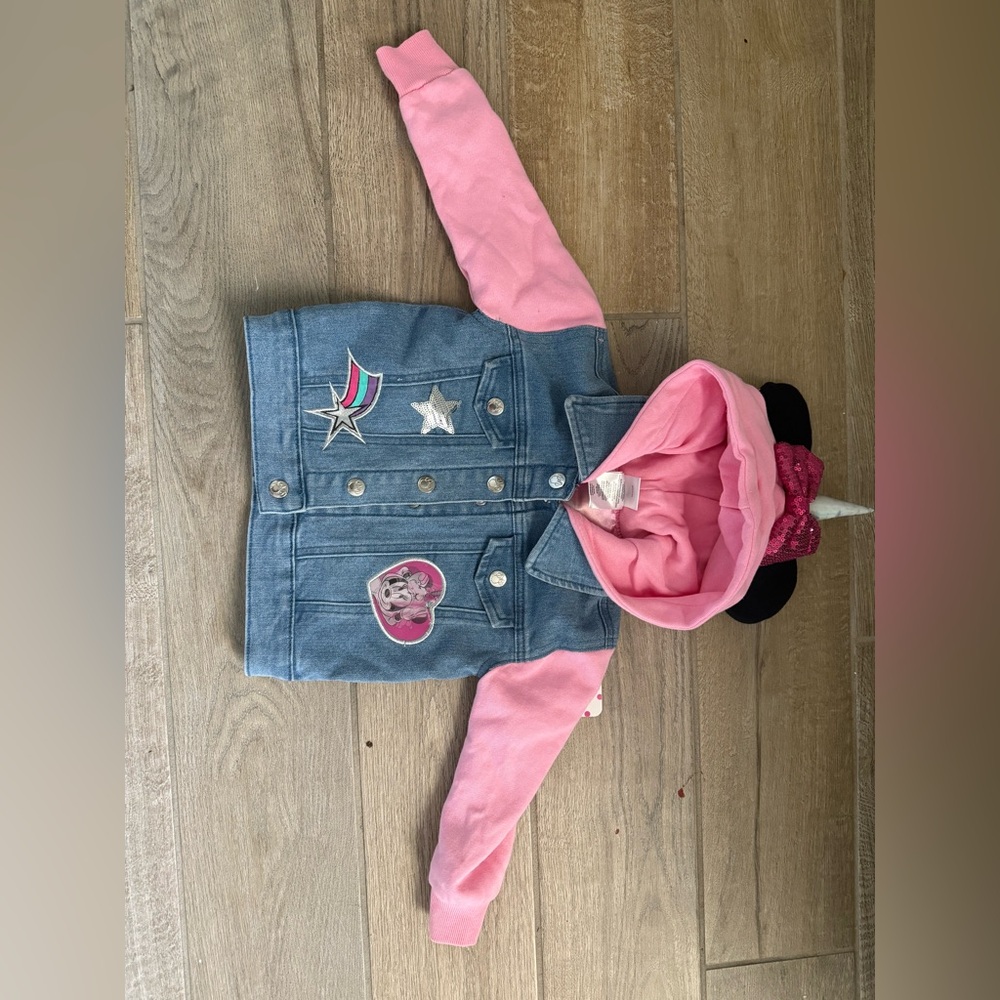 Disney Denim Jacket with Pink Sleeves and Hood